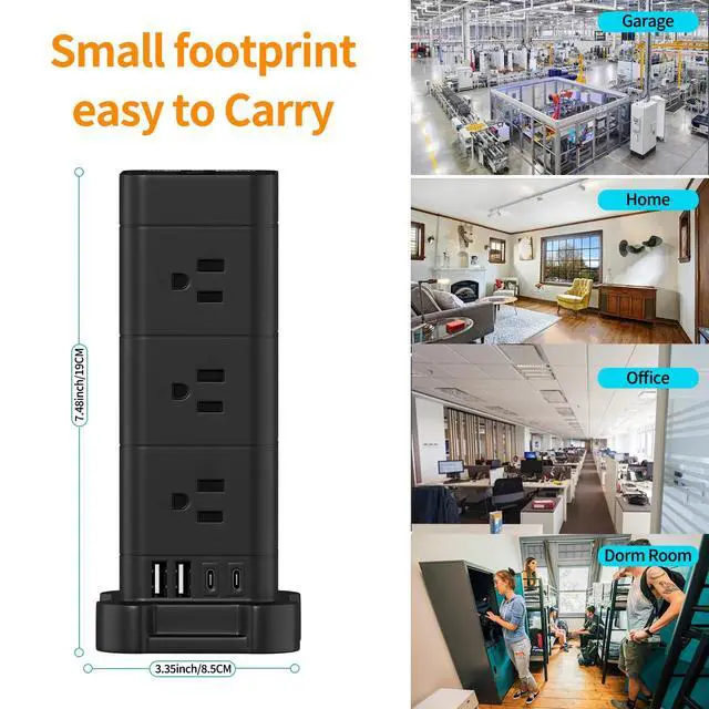 Alt view image 7 of 7 - Tower Power Strip with Surge Protection (12 AC, 4 USB, 5ft, Black) | Fast Charging, 1875W Overload Protection, for Home Office Dorm Room
