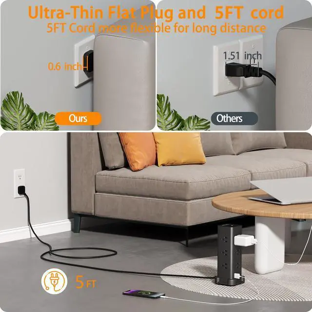 Alt view image 6 of 7 - Tower Power Strip with Surge Protection (12 AC, 4 USB, 5ft, Black) | Fast Charging, 1875W Overload Protection, for Home Office Dorm Room