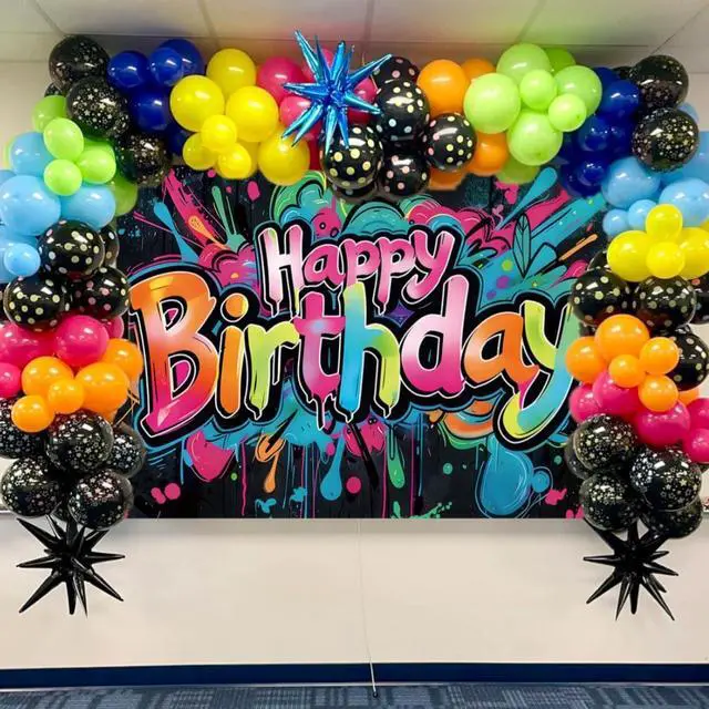 Alt view image 2 of 5 - Colorful Graffiti Happy Birthday Photography Backdrop 8x6FT | Vibrant Drip Graffiti Birthday Art, Lightweight Vinyl, Retro/Hip-hop/Birthday Party Photo Backdrop, Easy Hang & Wipe Clean