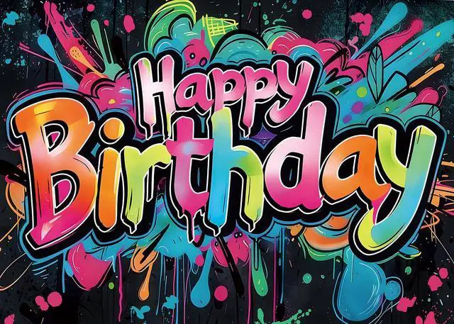Alt view image 5 of 5 - Colorful Graffiti Happy Birthday Photography Backdrop 8x6FT | Vibrant Drip Graffiti Birthday Art, Lightweight Vinyl, Retro/Hip-hop/Birthday Party Photo Backdrop, Easy Hang & Wipe Clean