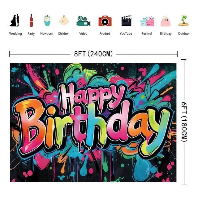 Alt view image 4 of 5 - Colorful Graffiti Happy Birthday Photography Backdrop 8x6FT | Vibrant Drip Graffiti Birthday Art, Lightweight Vinyl, Retro/Hip-hop/Birthday Party Photo Backdrop, Easy Hang & Wipe Clean