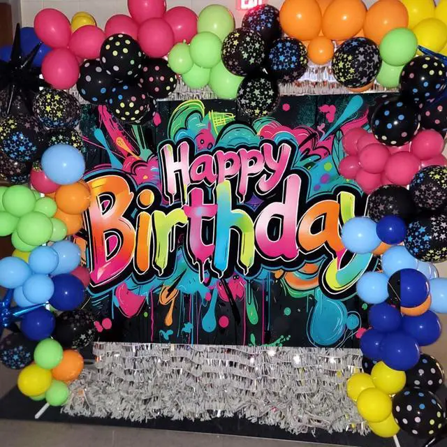 Alt view image 3 of 5 - Colorful Graffiti Happy Birthday Photography Backdrop 8x6FT | Vibrant Drip Graffiti Birthday Art, Lightweight Vinyl, Retro/Hip-hop/Birthday Party Photo Backdrop, Easy Hang & Wipe Clean
