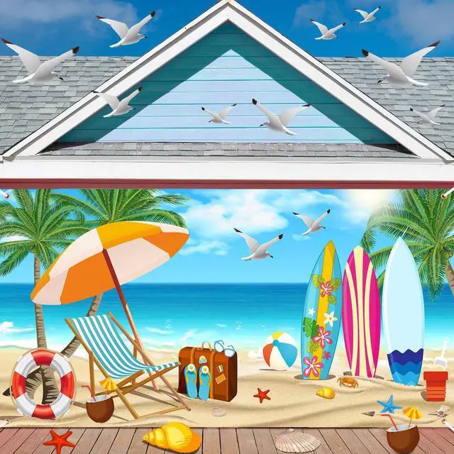 Main image of Summer Garage Door Decorations 6 x 13 ft Summer Beach Garage Door Banner Cover Ocean Vacation Beach Backdrop Decoration for Indoor Outdoor Photography Photo Booth Background Hanging Decor