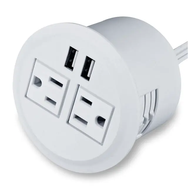 Alt view image 3 of 7 - Desktop Power Grommet Power Outlet Socket Desk Data Center 2 Outlet with 2 USB Ports with 10 FT Extension Cord(White)