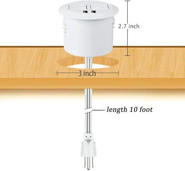 Alt view image 6 of 7 - Desktop Power Grommet Power Outlet Socket Desk Data Center 2 Outlet with 2 USB Ports with 10 FT Extension Cord(White)