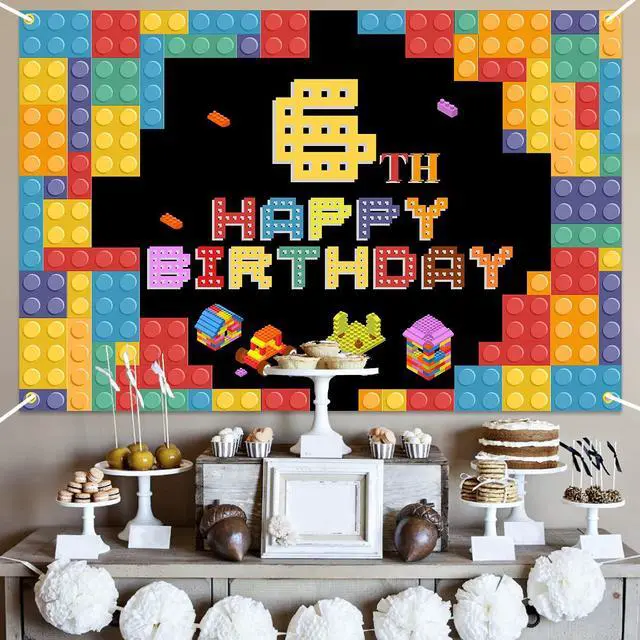 Alt view image 3 of 7 - Happy 6th Birthday Lego Theme Birthday Backdrop Banner - 5.9x3.9FT Colorful Building Blocks Party Decorations, Fabric Photo Booth Background Sign for Boys Girls Indoor Outdoor