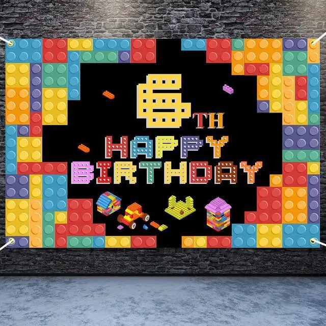 Alt view image 5 of 7 - Happy 6th Birthday Lego Theme Birthday Backdrop Banner - 5.9x3.9FT Colorful Building Blocks Party Decorations, Fabric Photo Booth Background Sign for Boys Girls Indoor Outdoor