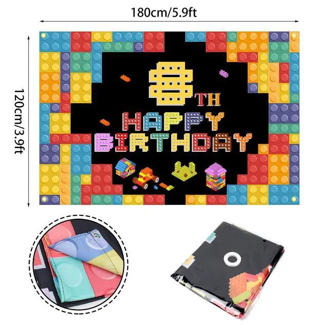 Alt view image 2 of 7 - Happy 8th Birthday Lego Theme Birthday Backdrop Banner - 5.9x3.9FT Colorful Building Blocks Party Decorations, Fabric Photo Booth Background Sign for Boys Girls Indoor Outdoor