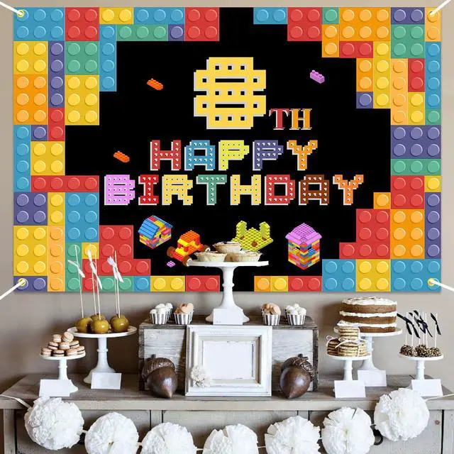 Alt view image 4 of 7 - Happy 8th Birthday Lego Theme Birthday Backdrop Banner - 5.9x3.9FT Colorful Building Blocks Party Decorations, Fabric Photo Booth Background Sign for Boys Girls Indoor Outdoor