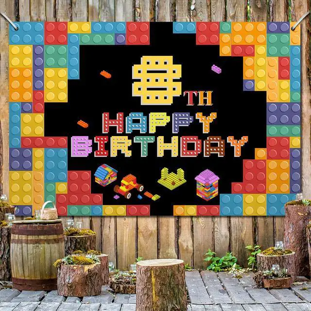 Alt view image 5 of 7 - Happy 8th Birthday Lego Theme Birthday Backdrop Banner - 5.9x3.9FT Colorful Building Blocks Party Decorations, Fabric Photo Booth Background Sign for Boys Girls Indoor Outdoor