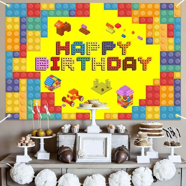 Alt view image 3 of 7 - Happy Birthday Lego Theme Birthday Backdrop Banner - 5.9x3.9FT Colorful Building Blocks Party Decorations, Fabric Photo Booth Background Sign for Boys Girls Indoor Outdoor