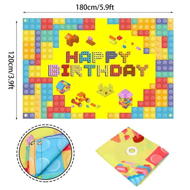 Alt view image 2 of 7 - Happy Birthday Lego Theme Birthday Backdrop Banner - 5.9x3.9FT Colorful Building Blocks Party Decorations, Fabric Photo Booth Background Sign for Boys Girls Indoor Outdoor