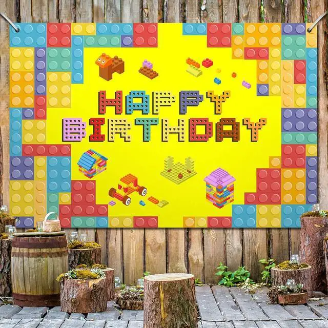 Main image of Happy Birthday Lego Theme Birthday Backdrop Banner - 5.9x3.9FT Colorful Building Blocks Party Decorations, Fabric Photo Booth Background Sign for Boys Girls Indoor Outdoor