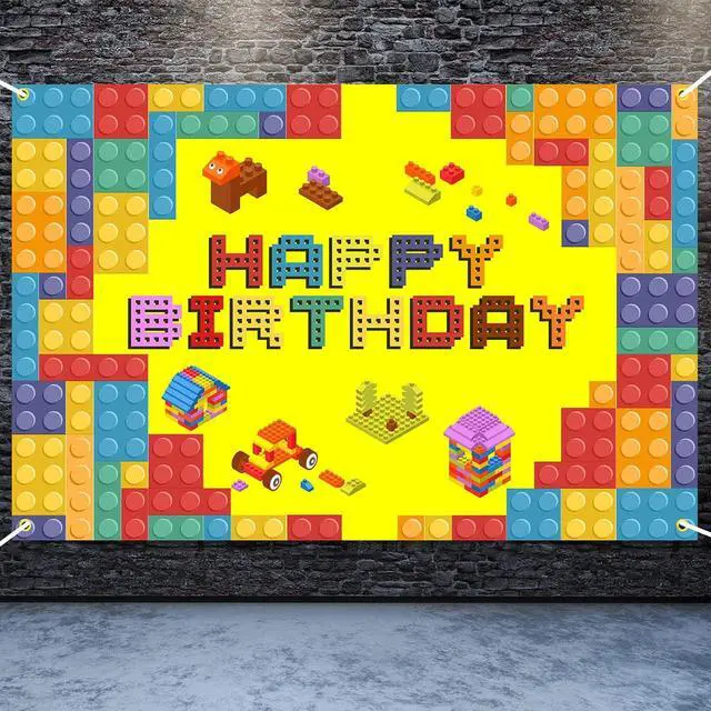 Alt view image 5 of 7 - Happy Birthday Lego Theme Birthday Backdrop Banner - 5.9x3.9FT Colorful Building Blocks Party Decorations, Fabric Photo Booth Background Sign for Boys Girls Indoor Outdoor