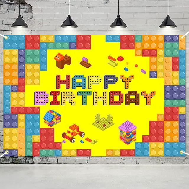 Alt view image 4 of 7 - Happy Birthday Lego Theme Birthday Backdrop Banner - 5.9x3.9FT Colorful Building Blocks Party Decorations, Fabric Photo Booth Background Sign for Boys Girls Indoor Outdoor