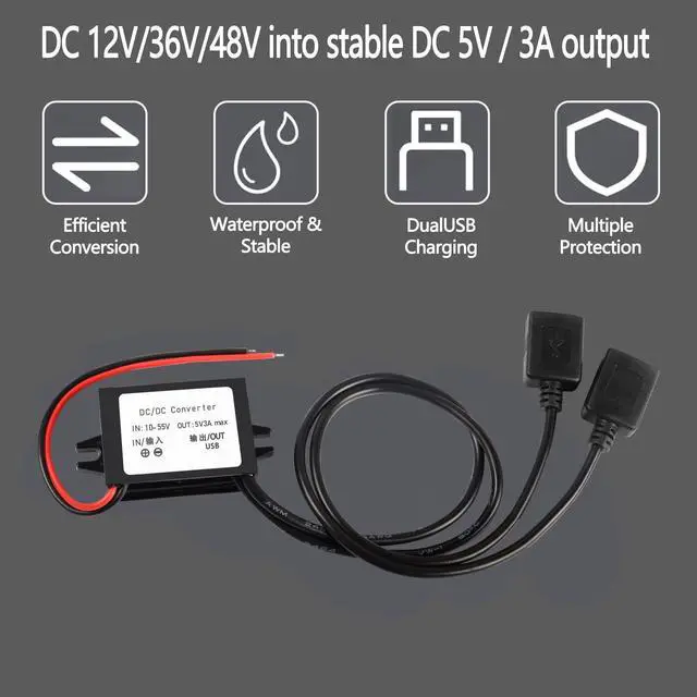 Alt view image 6 of 7 - 12V to 5V USB Converter DC Buck Module | 12V 36V 48V Step-Down Convert to 5V Dual USB Female 10-55V to 5V 3A 15W Adapter DC to DC Regulator Car Power Converter