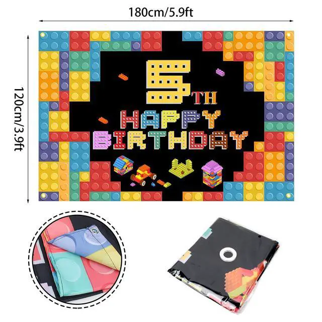 Alt view image 2 of 7 - Happy 5th Birthday Lego Theme Birthday Backdrop Banner - 5.9x3.9FT Colorful Building Blocks Party Decorations, Fabric Photo Booth Background Sign for Boys Girls Indoor Outdoor