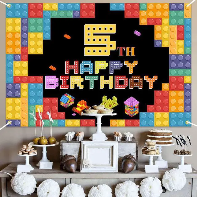 Alt view image 3 of 7 - Happy 5th Birthday Lego Theme Birthday Backdrop Banner - 5.9x3.9FT Colorful Building Blocks Party Decorations, Fabric Photo Booth Background Sign for Boys Girls Indoor Outdoor