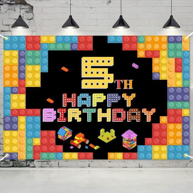 Alt view image 4 of 7 - Happy 5th Birthday Lego Theme Birthday Backdrop Banner - 5.9x3.9FT Colorful Building Blocks Party Decorations, Fabric Photo Booth Background Sign for Boys Girls Indoor Outdoor