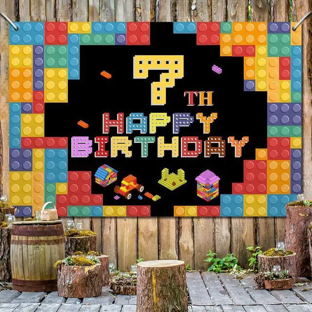Main image of Happy 7th Birthday Lego Theme Birthday Backdrop Banner - 5.9x3.9FT Colorful Building Blocks Party Decorations, Fabric Photo Booth Background Sign for Boys Girls Indoor Outdoor