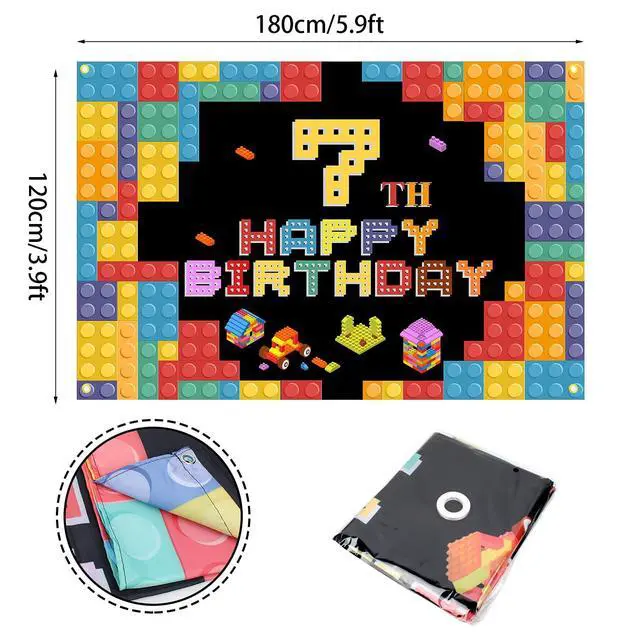 Alt view image 2 of 7 - Happy 7th Birthday Lego Theme Birthday Backdrop Banner - 5.9x3.9FT Colorful Building Blocks Party Decorations, Fabric Photo Booth Background Sign for Boys Girls Indoor Outdoor