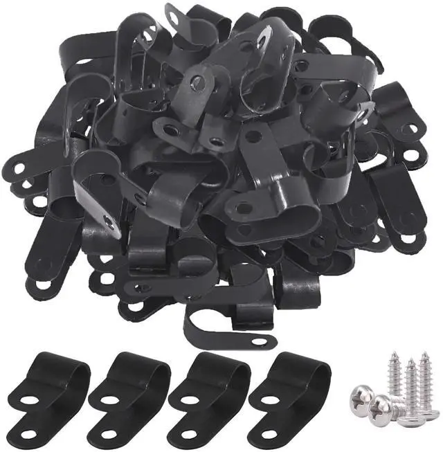 Main image of 120Pcs 3/8 Inch Black Nylon Screw Mounting R-Type Cable Clip Wire Clamp with 120Pcs Screws for Wire, Cable, Conduit and Cable Conduit Kit (Black)
