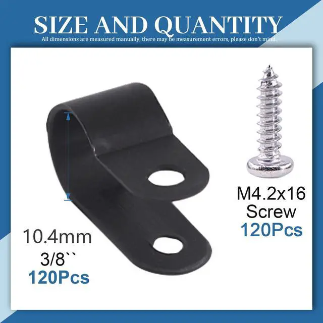 Alt view image 2 of 7 - 120Pcs 3/8 Inch Black Nylon Screw Mounting R-Type Cable Clip Wire Clamp with 120Pcs Screws for Wire, Cable, Conduit and Cable Conduit Kit (Black)