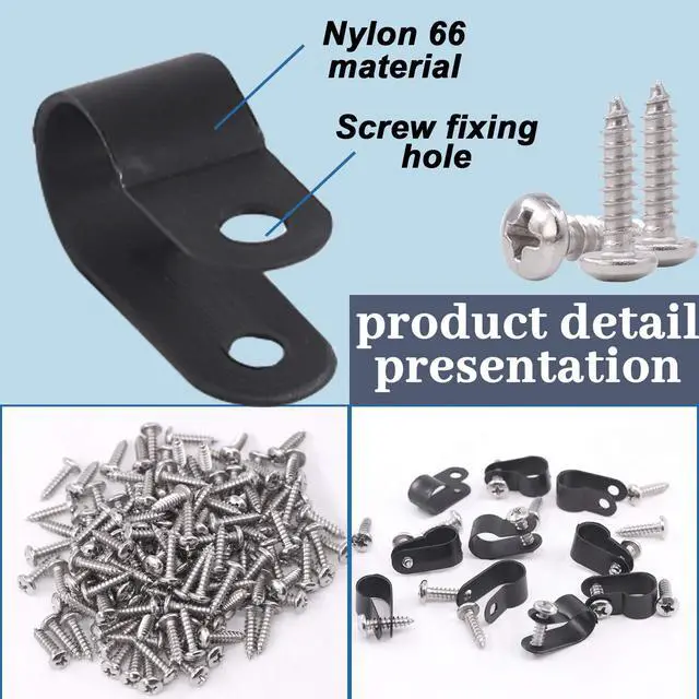 Alt view image 4 of 7 - 120Pcs 3/8 Inch Black Nylon Screw Mounting R-Type Cable Clip Wire Clamp with 120Pcs Screws for Wire, Cable, Conduit and Cable Conduit Kit (Black)