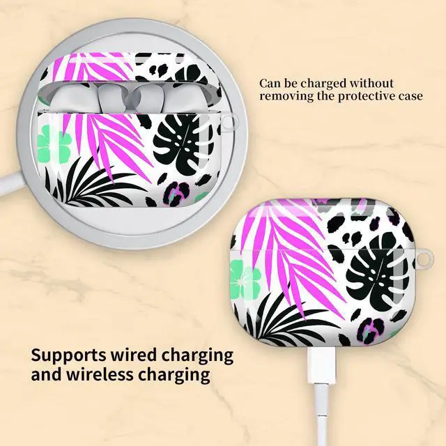Alt view image 5 of 6 - Compatible with AirPod Pro 3 Case, Cute Hard TPU Protective Cover with Keychain, Shockproof Design Case for Women & Girls,Tropical Leaf Wild Leopard