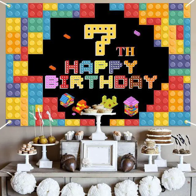 Alt view image 3 of 7 - Happy 7th Birthday Lego Theme Birthday Backdrop Banner - 5.9x3.9FT Colorful Building Blocks Party Decorations, Fabric Photo Booth Background Sign for Boys Girls Indoor Outdoor