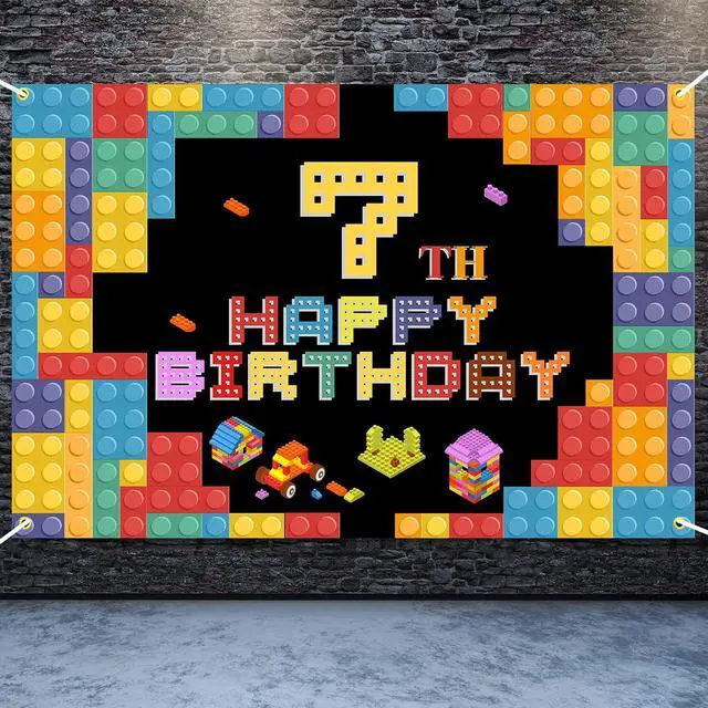 Alt view image 5 of 7 - Happy 7th Birthday Lego Theme Birthday Backdrop Banner - 5.9x3.9FT Colorful Building Blocks Party Decorations, Fabric Photo Booth Background Sign for Boys Girls Indoor Outdoor