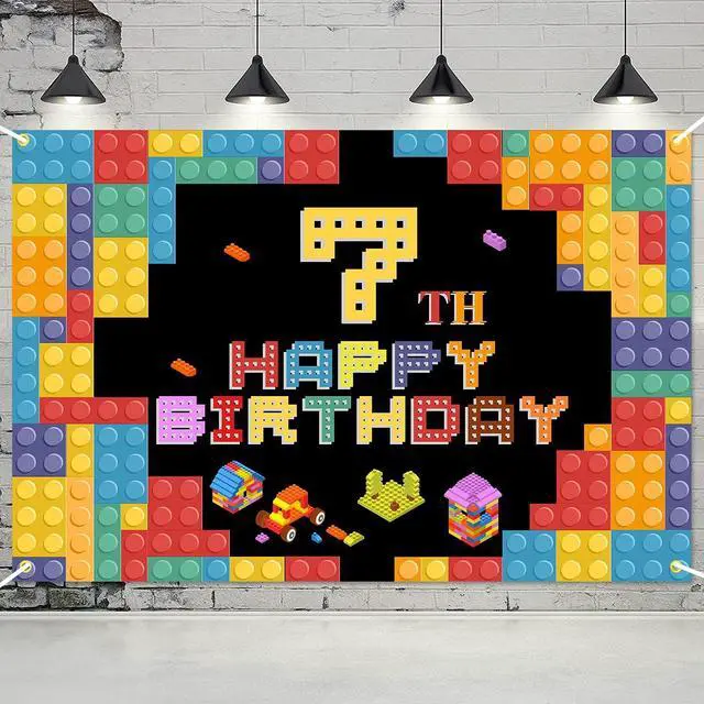 Alt view image 4 of 7 - Happy 7th Birthday Lego Theme Birthday Backdrop Banner - 5.9x3.9FT Colorful Building Blocks Party Decorations, Fabric Photo Booth Background Sign for Boys Girls Indoor Outdoor