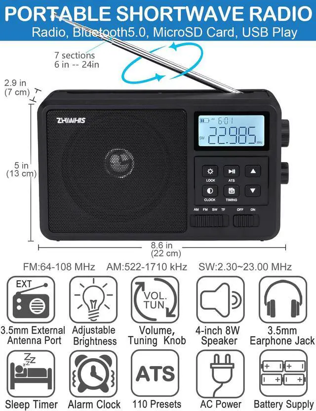 Alt view image 2 of 7 - Shortwave Radio with Bluetooth, AM FM SW Portable Receiver by 4 AA Batteries, 4 inch Large Speaker/External Antenna Port/Presets/Start Timer/Sleep Timer, Support USB/Micro SD for Home ZWS-206