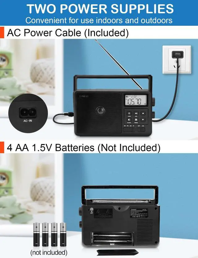 Alt view image 3 of 7 - Shortwave Radio with Bluetooth, AM FM SW Portable Receiver by 4 AA Batteries, 4 inch Large Speaker/External Antenna Port/Presets/Start Timer/Sleep Timer, Support USB/Micro SD for Home ZWS-206