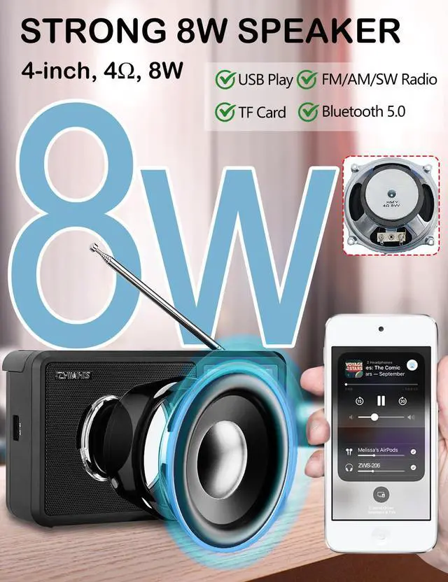 Alt view image 4 of 7 - Shortwave Radio with Bluetooth, AM FM SW Portable Receiver by 4 AA Batteries, 4 inch Large Speaker/External Antenna Port/Presets/Start Timer/Sleep Timer, Support USB/Micro SD for Home ZWS-206