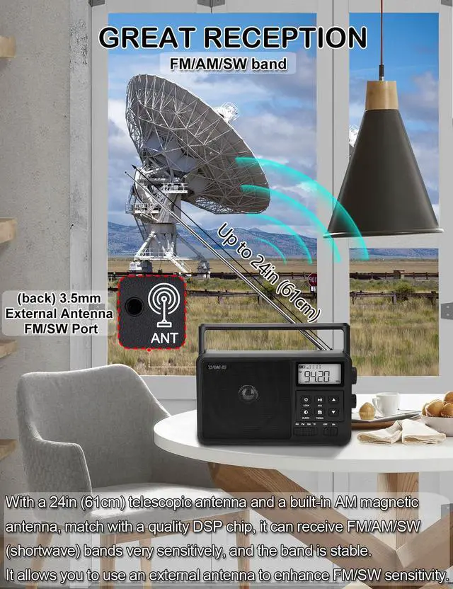 Alt view image 5 of 7 - Shortwave Radio with Bluetooth, AM FM SW Portable Receiver by 4 AA Batteries, 4 inch Large Speaker/External Antenna Port/Presets/Start Timer/Sleep Timer, Support USB/Micro SD for Home ZWS-206