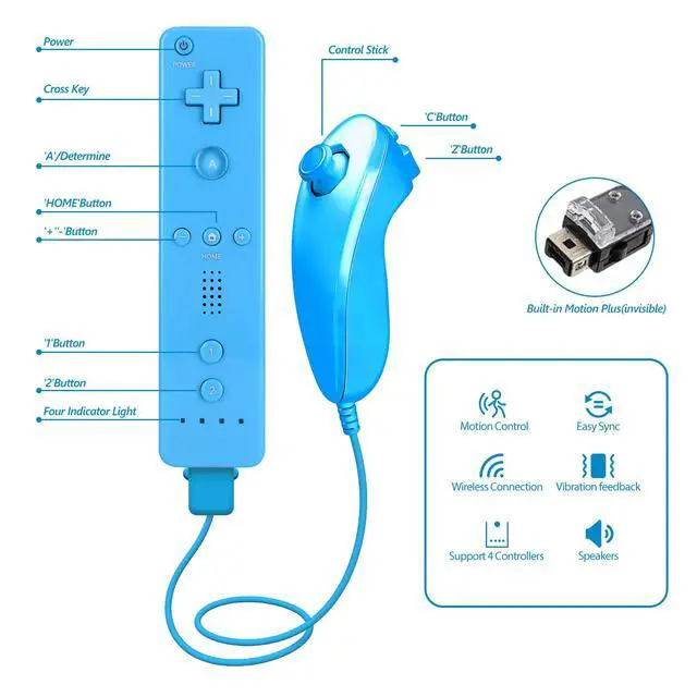 Alt view image 7 of 7 - Replacement Remote Control For Wii &Wii U, with Nunchuck and Silicon Case | Blue, Built-in 2 in 1 Motion Plus