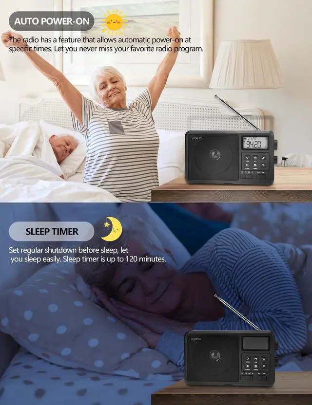 Alt view image 6 of 7 - Shortwave Radio with Bluetooth, AM FM SW Portable Receiver by 4 AA Batteries, 4 inch Large Speaker/External Antenna Port/Presets/Start Timer/Sleep Timer, Support USB/Micro SD for Home ZWS-206