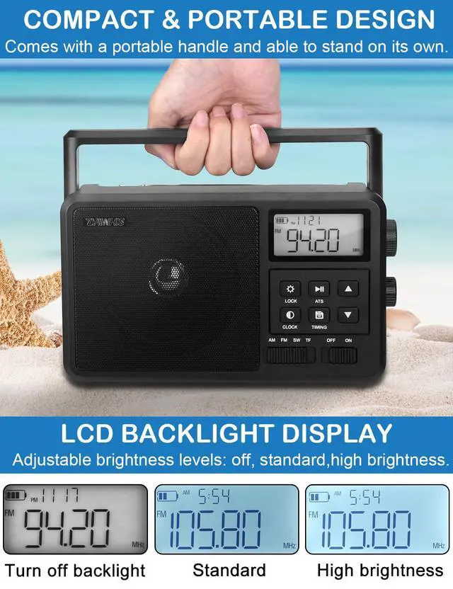 Alt view image 7 of 7 - Shortwave Radio with Bluetooth, AM FM SW Portable Receiver by 4 AA Batteries, 4 inch Large Speaker/External Antenna Port/Presets/Start Timer/Sleep Timer, Support USB/Micro SD for Home ZWS-206