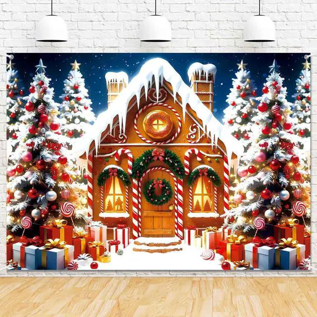 Main image of Christmas Gingerbread House Backdrop Banner Winter Christmas Party Decorations for Kids Snow Gingerbread Candy House Holiday Photography Backdground Wall Decor Photo Props 7x5ft