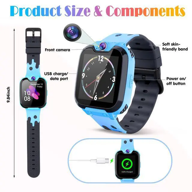 Alt view image 7 of 7 - Smart Watch for Kids Boys Girls, Blue | 26 Puzzle Games, HD Camera, Video Music Player, Pedometer & Flashlight, Alarm Clock & Learn Card, Audio Book