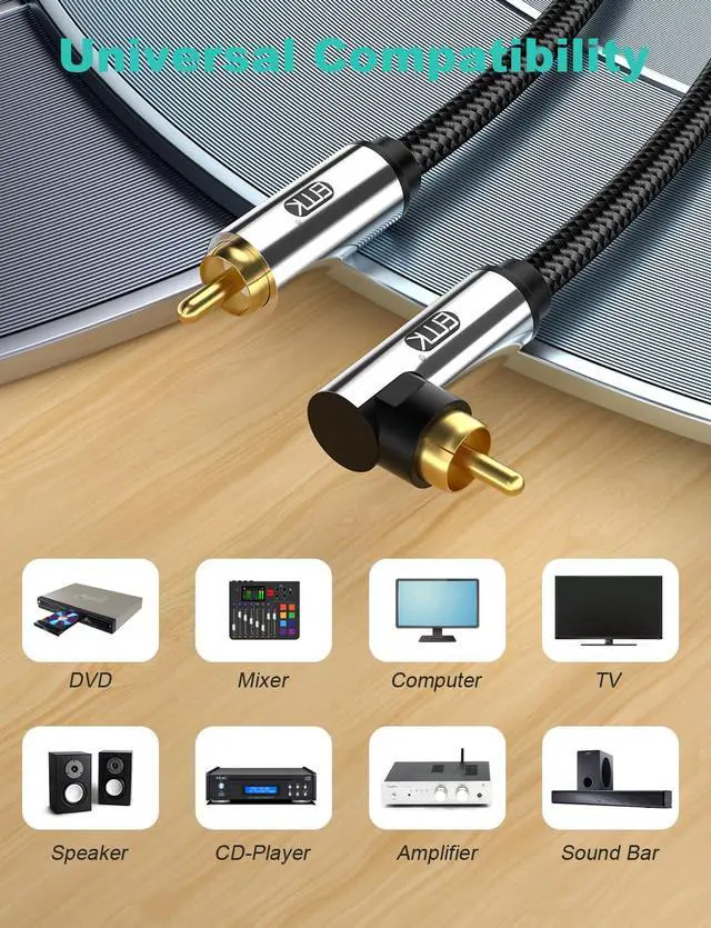 Alt view image 6 of 7 - 90 Degree Subwoofer Cable,RCA Male to Male Digital Coaxial Audio Cable for Television, DVD Player, Gaming Console, Projector, Speaker (90 Degree to Straight, 33FT/10M)