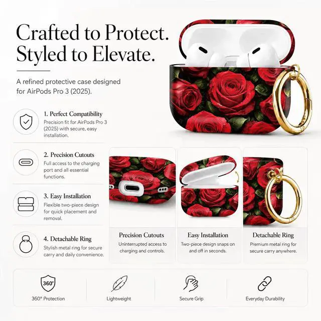 Alt view image 2 of 7 - Compatible with AirPod Pro 3 Case 2025,Shockproof Protective Cover with Keychain,Multi-Theme Graphic Design Shell for Men Women,Ideal for Gym&Travel(Red Roses with Dew Drops)