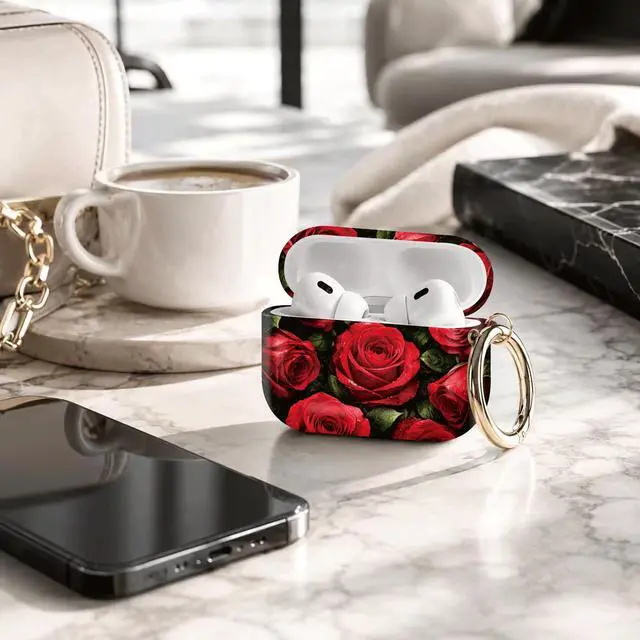Alt view image 4 of 7 - Compatible with AirPod Pro 3 Case 2025,Shockproof Protective Cover with Keychain,Multi-Theme Graphic Design Shell for Men Women,Ideal for Gym&Travel(Red Roses with Dew Drops)