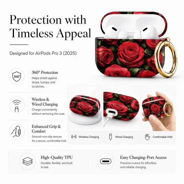 Alt view image 5 of 7 - Compatible with AirPod Pro 3 Case 2025,Shockproof Protective Cover with Keychain,Multi-Theme Graphic Design Shell for Men Women,Ideal for Gym&Travel(Red Roses with Dew Drops)