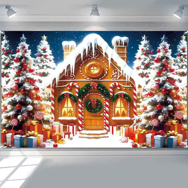 Alt view image 2 of 6 - Christmas Gingerbread House Backdrop Banner Winter Christmas Party Decorations for Kids Snow Gingerbread Candy House Holiday Photography Backdground Wall Decor Photo Props 7x5ft