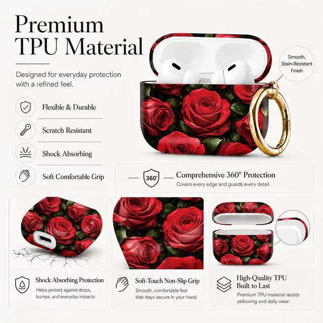 Alt view image 6 of 7 - Compatible with AirPod Pro 3 Case 2025,Shockproof Protective Cover with Keychain,Multi-Theme Graphic Design Shell for Men Women,Ideal for Gym&Travel(Red Roses with Dew Drops)