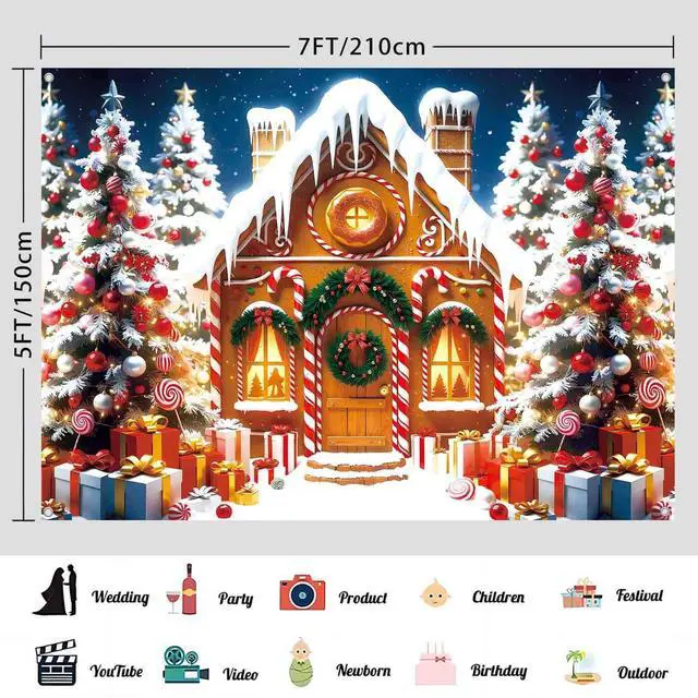 Alt view image 3 of 6 - Christmas Gingerbread House Backdrop Banner Winter Christmas Party Decorations for Kids Snow Gingerbread Candy House Holiday Photography Backdground Wall Decor Photo Props 7x5ft