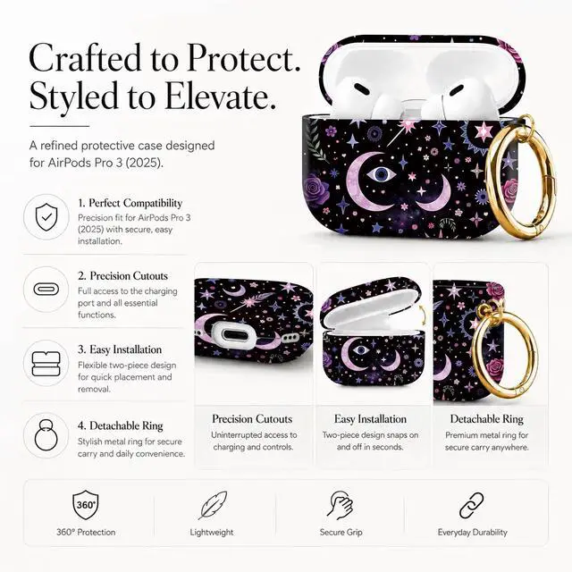 Alt view image 2 of 7 - Compatible with AirPod Pro 3 Case 2025,Shockproof Protective Cover with Keychain,Multi-Theme Graphic Design Shell for Men Women,Ideal for Gym&Travel(Mystic Stars Roses Moons Eyes Feathers)