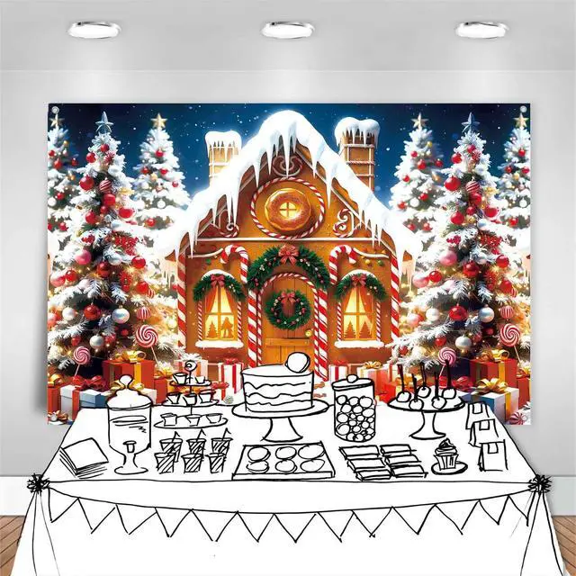 Alt view image 4 of 6 - Christmas Gingerbread House Backdrop Banner Winter Christmas Party Decorations for Kids Snow Gingerbread Candy House Holiday Photography Backdground Wall Decor Photo Props 7x5ft